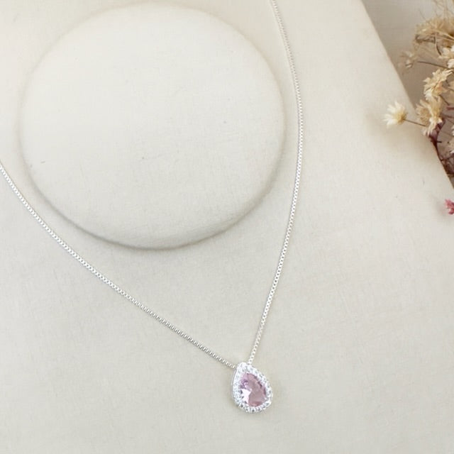 Colar Gota Rosa Cravejada com Zircônia Prata