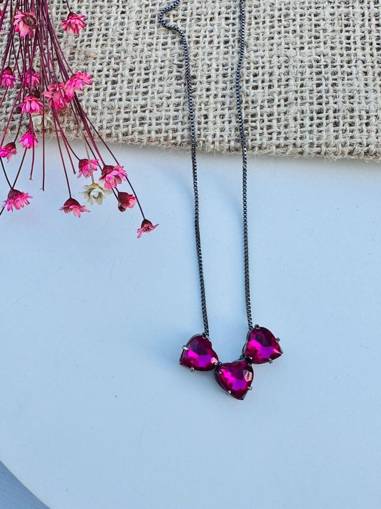 Colar Triplo Coração Rosa Pink PRATA