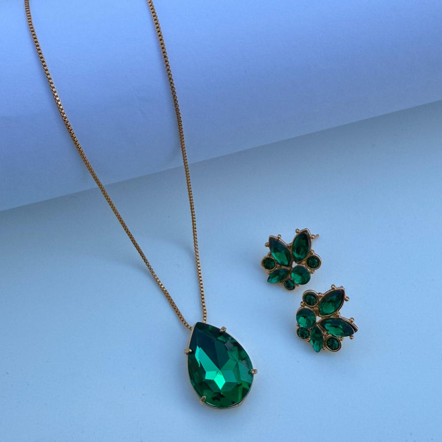 Conjunto Colar de Gota e Brinco Esmeralda