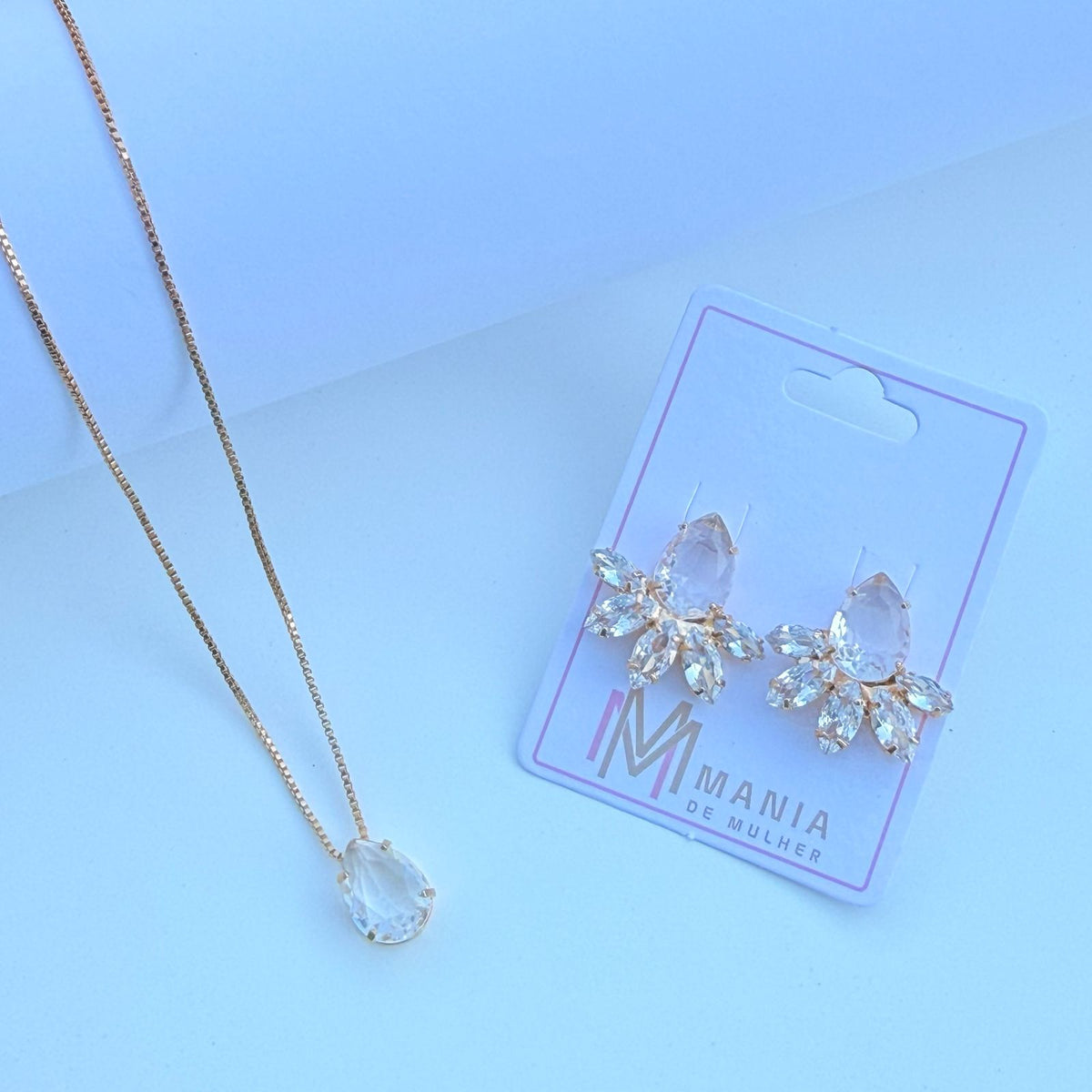 Conjunto de Colar de Gota Zircônia e Brinco de Zircônia Cristal