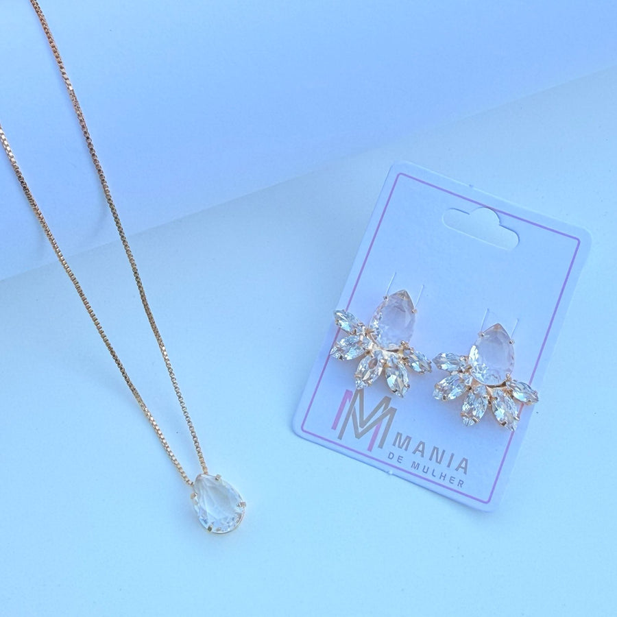 Conjunto de Colar de Gota Zircônia e Brinco de Zircônia Cristal