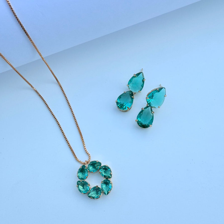 Conjunto de Colar de Zircônia e Brinco de Gota Duplo Esmeralda