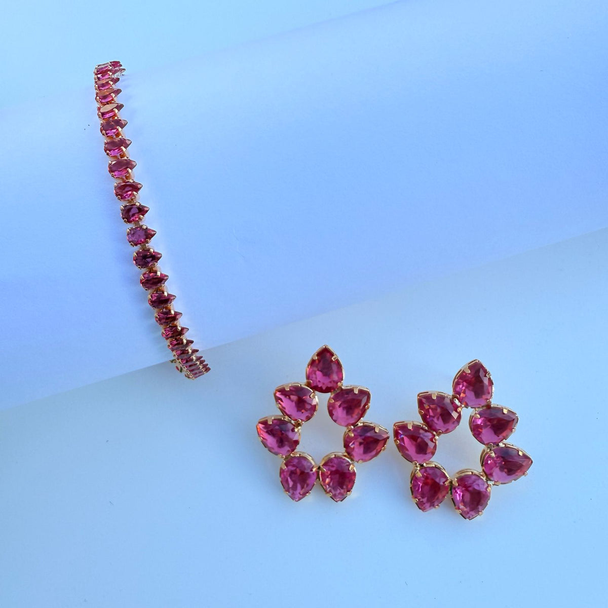 Conjunto de Pulseira e Brinco de Zircônia Pink