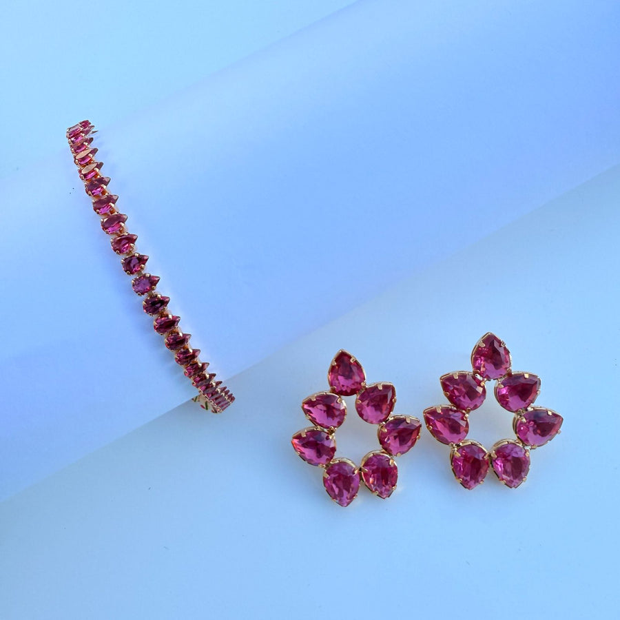 Conjunto de Pulseira e Brinco de Zircônia Pink