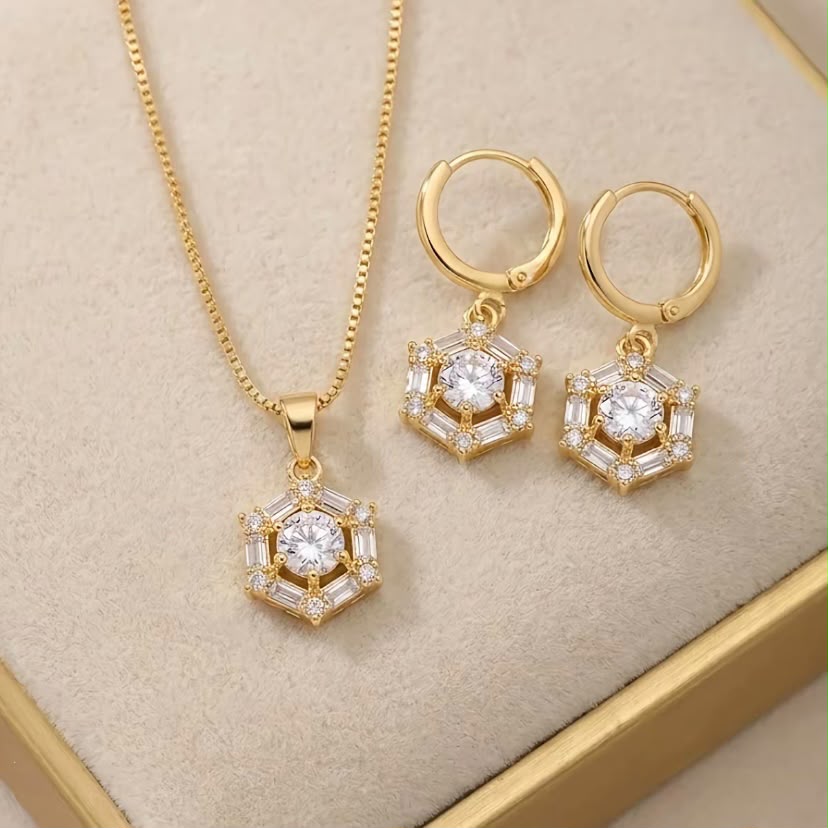 KIT COLAR E BRINCO ARGOLINHA DE ZIRCÔNIA CRISTAL HELOISE BANHO DOURADO