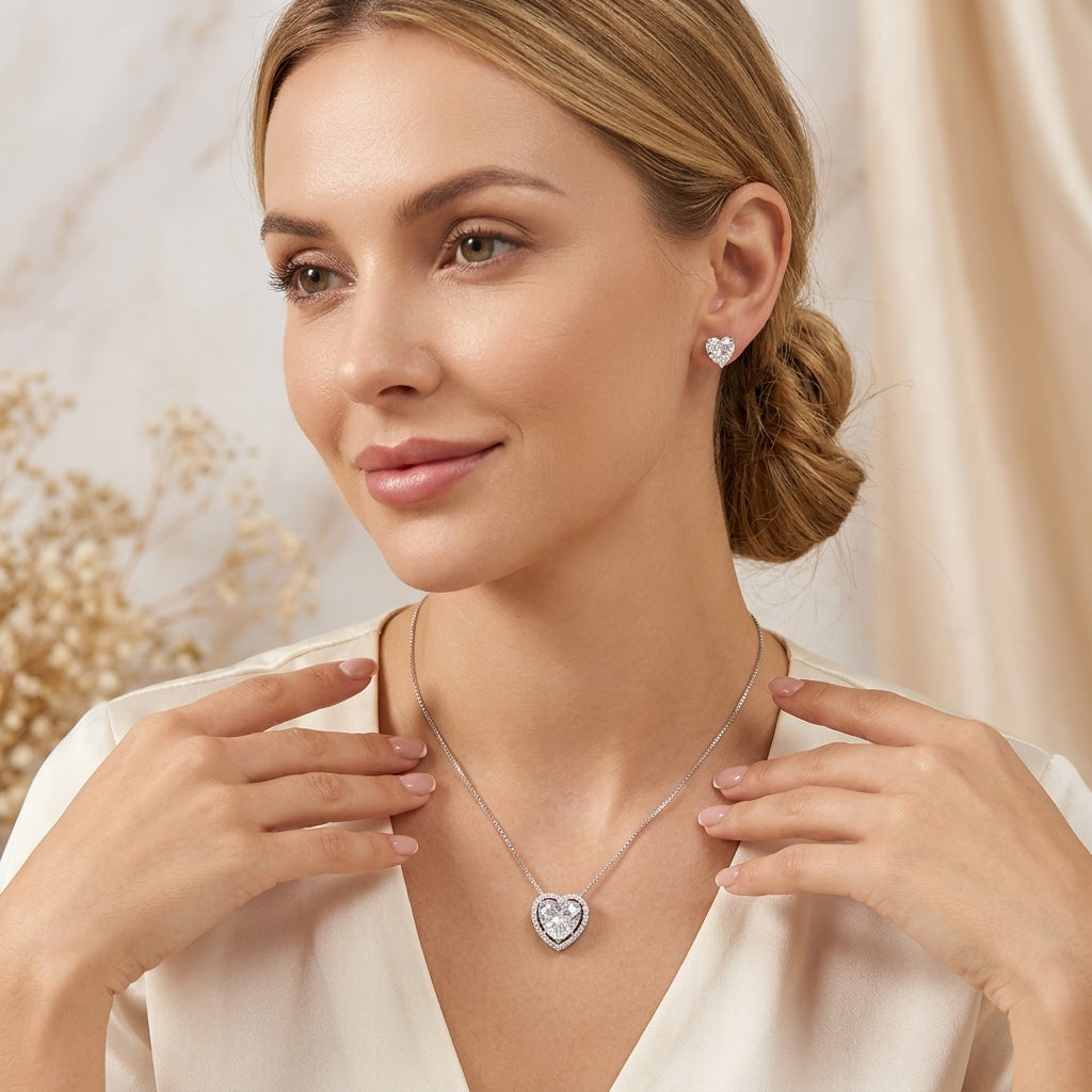 Kit Brinco e Colar Coração de Zircônia Cristal Banho Prata