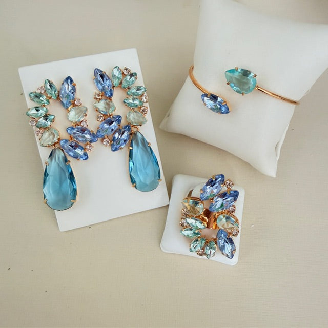 Kit 3 Acessórios Amanda Tons de Azul Dourado - Brinco, Bracelete e Anel Regulável
