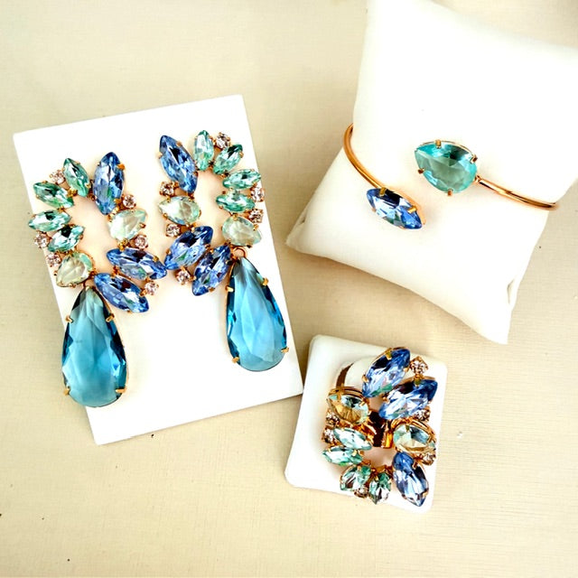 Kit 3 Acessórios Amanda Tons de Azul Dourado - Brinco, Bracelete e Anel Regulável
