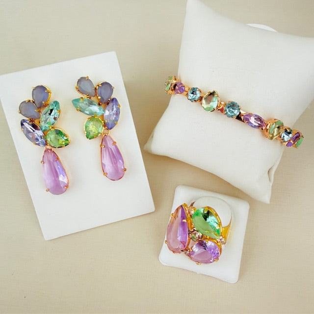 Kit 3 Acessórios Bianca Lavanda com Menta Dourado - Brinco, Bracelete e Anel Regulável
