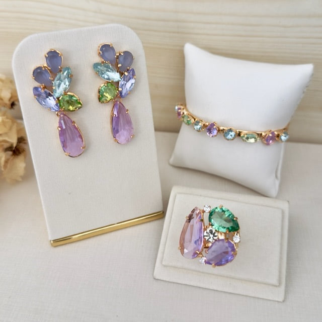 Kit 3 Acessórios Bianca Lavanda com Menta Dourado - Brinco, Bracelete e Anel Regulável
