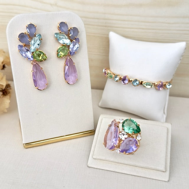 Kit 3 Acessórios Bianca Lavanda com Menta Dourado - Brinco, Bracelete e Anel Regulável