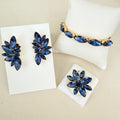 Kit 3 Acessórios Brinco, Bracelete e Anel Regulável Azul Safira Dourado
