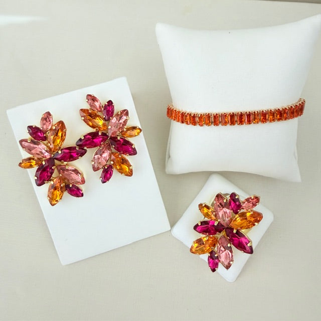 Kit 3 Acessórios Turim Brinco, Anel Regulável e Pulseira Coral com Rosa