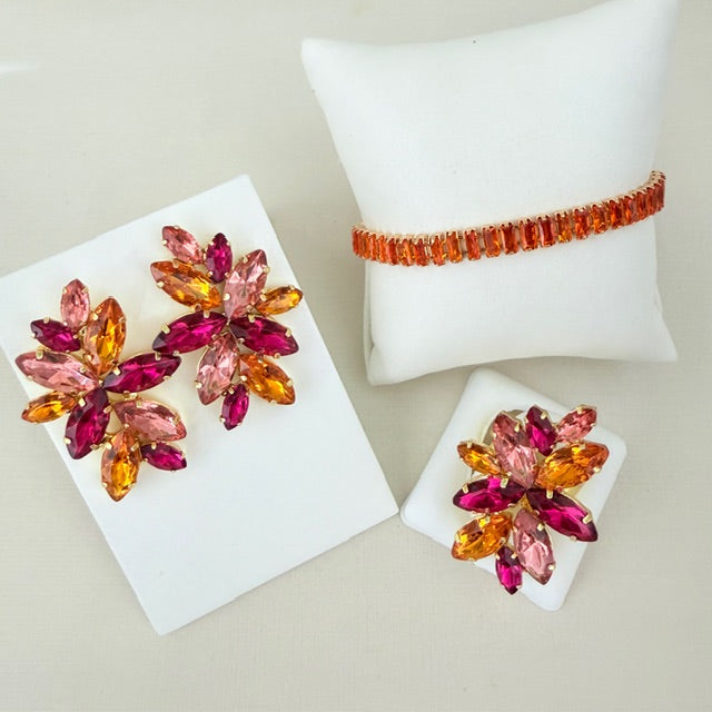 Kit 3 Acessórios Turim Brinco, Anel Regulável e Pulseira Coral com Rosa