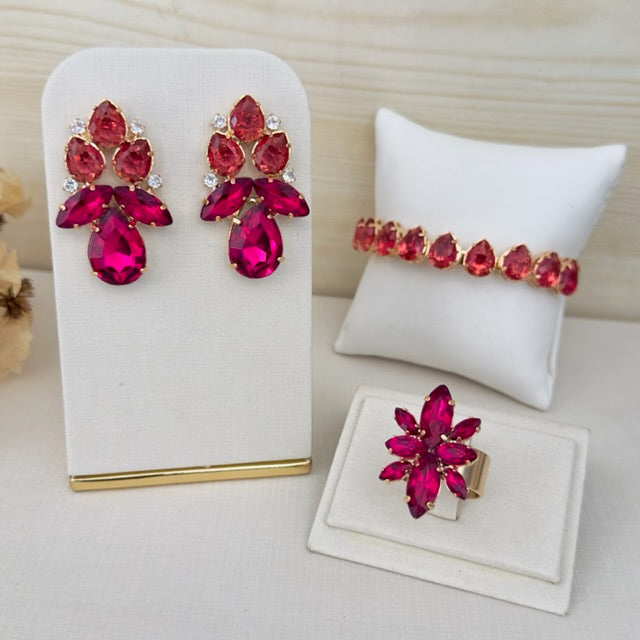 Kit 3 Peças Anel Regulável, Bracelete e Brinco Kelly Fucsia com Pink Dourado