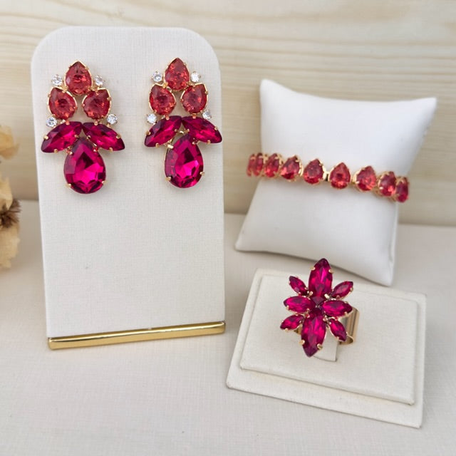 Kit 3 Peças Anel Regulável, Bracelete e Brinco Kelly Fucsia com Pink Dourado