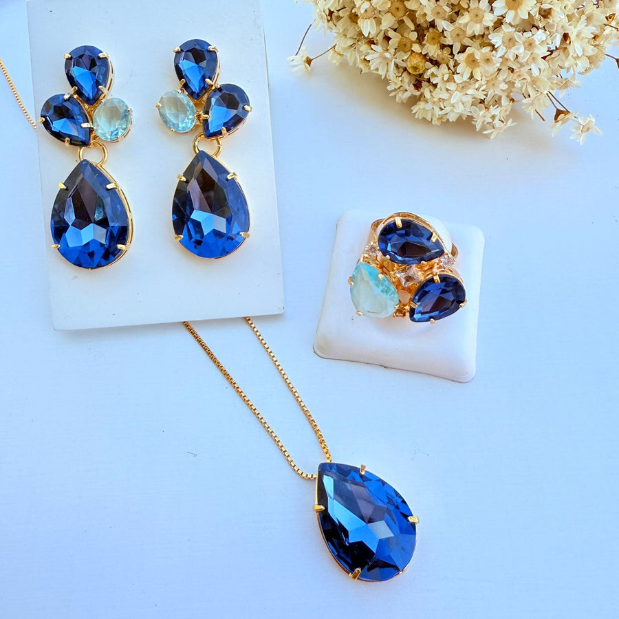 Kit Brinco Colar e Anel Regulavel Campos Safira Com Azul
