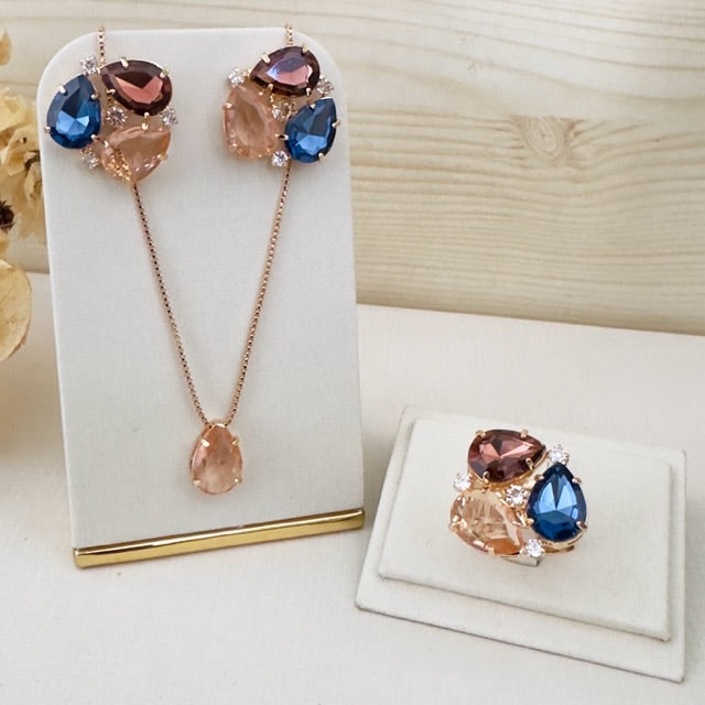 Kit 3 peças Colar, Brinco e Anel Regulável Luciana Tons de Inverno Dourado