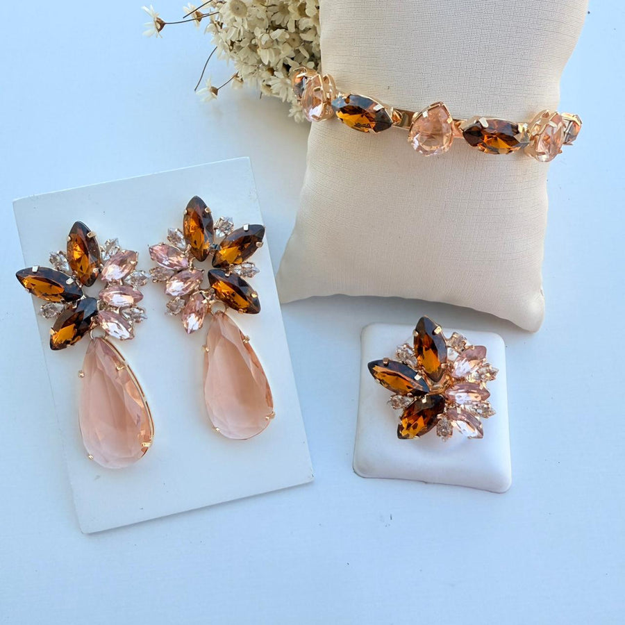 Kit 3 Peças Brinco, Bracelete e Anel Regulável Vanessa Tons De Marrom Dourado
