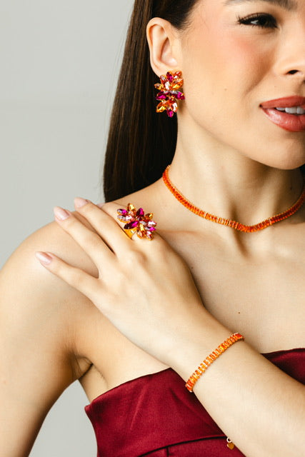 Kit 4 Acessórios Turim Pink, Salmão e Coral Dourado - Anel Ajustável, Chocker, Pulseira e Brinco