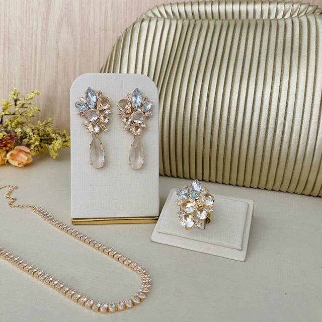 Kit 4 peças Clutch Plissada, Chocker, Brinco e Anel Regulável Liah Cristal Dourado