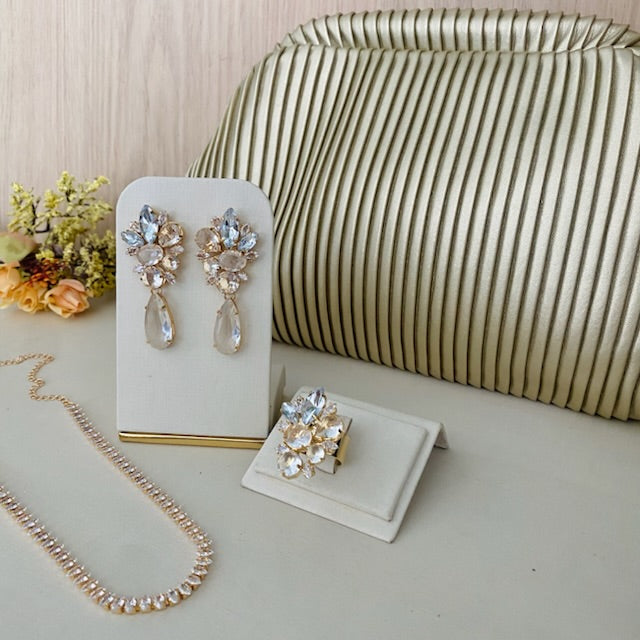 Kit 4 peças Clutch Plissada, Chocker, Brinco e Anel Regulável Liah Cristal Dourado