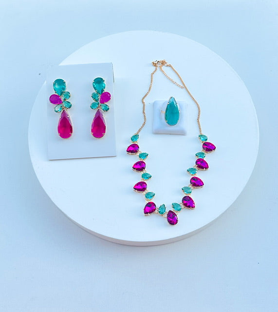 Kit Anel+ Brinco e Colar Rosa com Pink Banho de Ouro