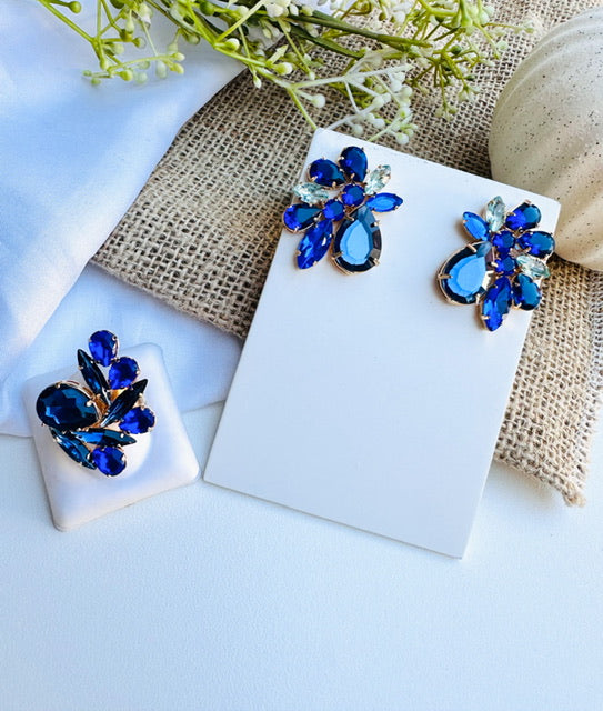 Kit Anel com Brinco Azul Safira Marta Dourado