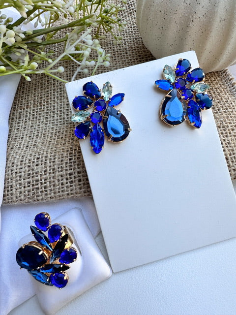Kit Anel com Brinco Azul Safira Marta Dourado
