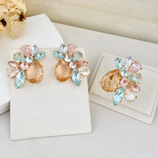 Kit Anel com Brinco de Zircônia Marta Colorido Dourado