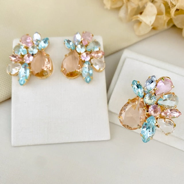 Kit Anel com Brinco de Zircônia Marta Colorido Dourado