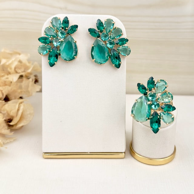 Kit Anel com Brinco de Zircônia Marta Tons de Verde