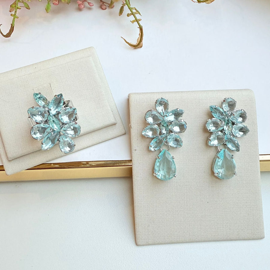 Kit Anel Regulável com Brinco de Zircônia Azul Claro Prata - Sotto