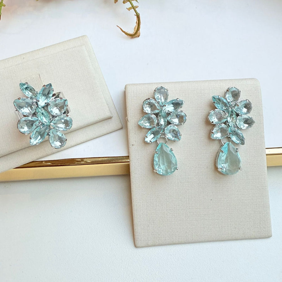 Kit Anel Regulável com Brinco de Zircônia Azul Claro Prata - Sotto