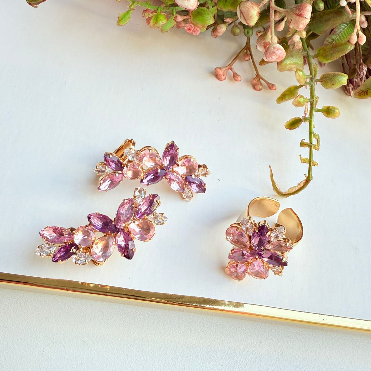 Kit Ear Curf e Anel Regulável de Zircônia Rosé com Lilas - Lidy