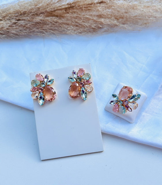 Kit Anel com Brinco de Zircônia Marta Colorido Dourado