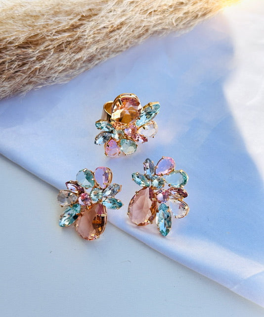 Kit Anel com Brinco de Zircônia Marta Colorido Dourado
