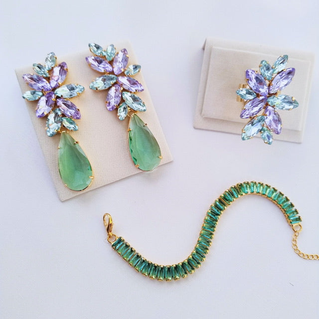Kit Anel Regulável, Brinco e Pulseira Menta com Lavanda Londres