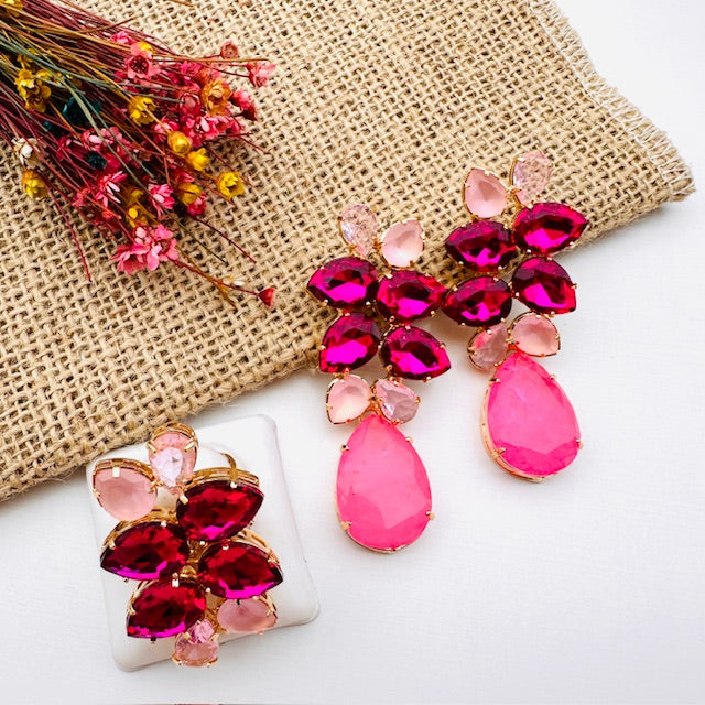 Kit Anel Regulável com Brinco Julia Tons de Rosa Dourado