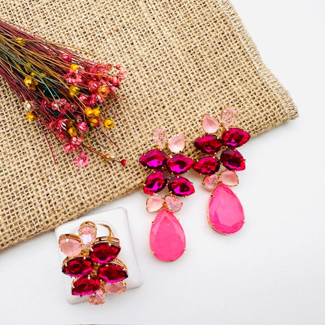 Kit Anel Regulável com Brinco Julia Tons de Rosa Dourado