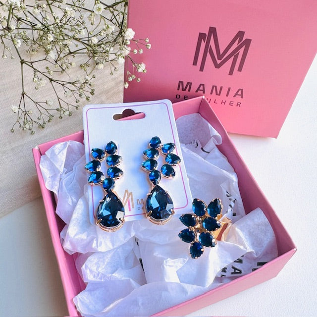 KIT ANEL REGULÁVEL E BRINCO Azul Safira DE ZIRCÔNIA WALL