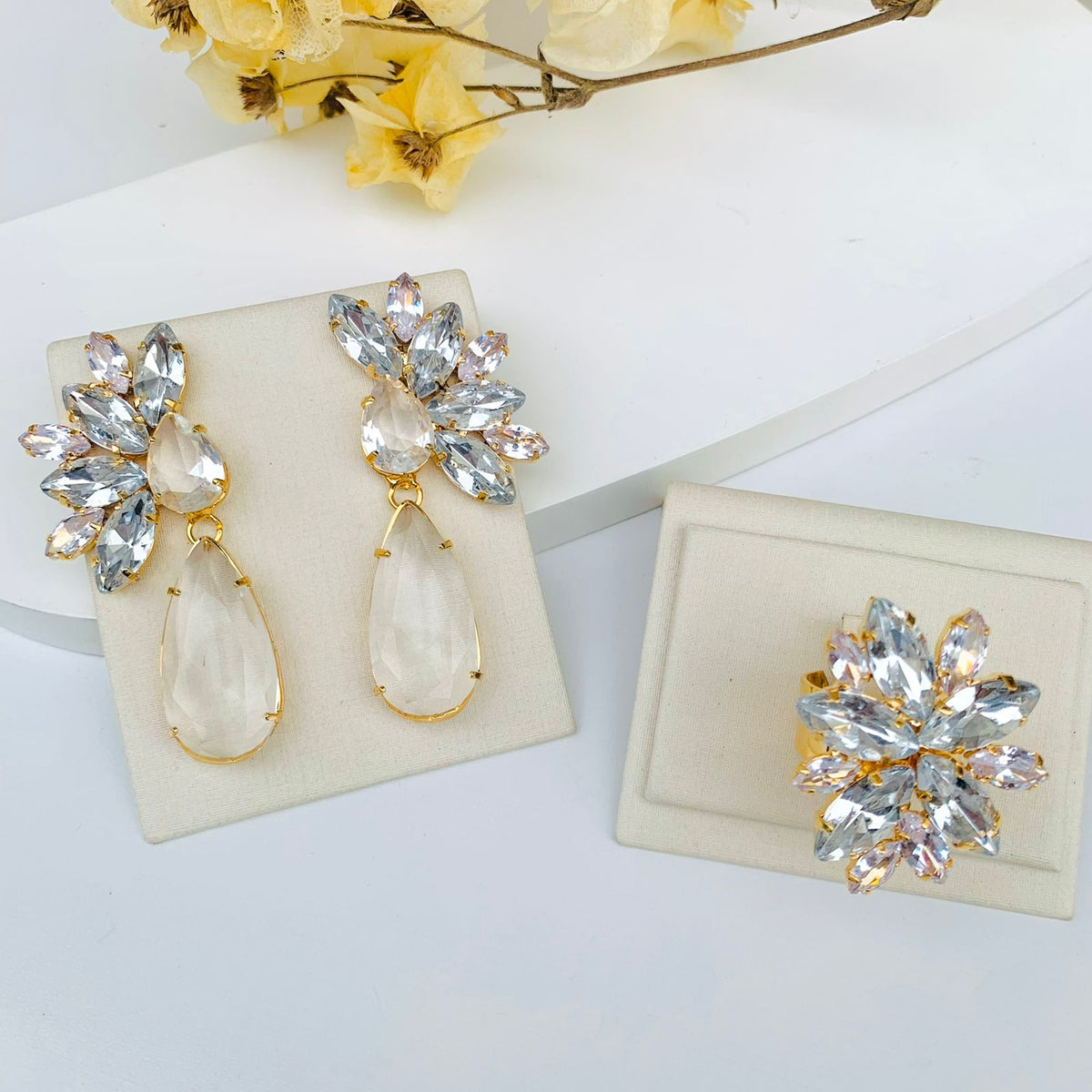 Kit Anel Regulável e Brinco Cristal Golden Dourado