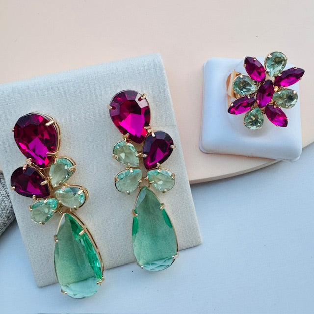 Kit Anel Regulável e Brinco Isaura Menta com Rosa Pink