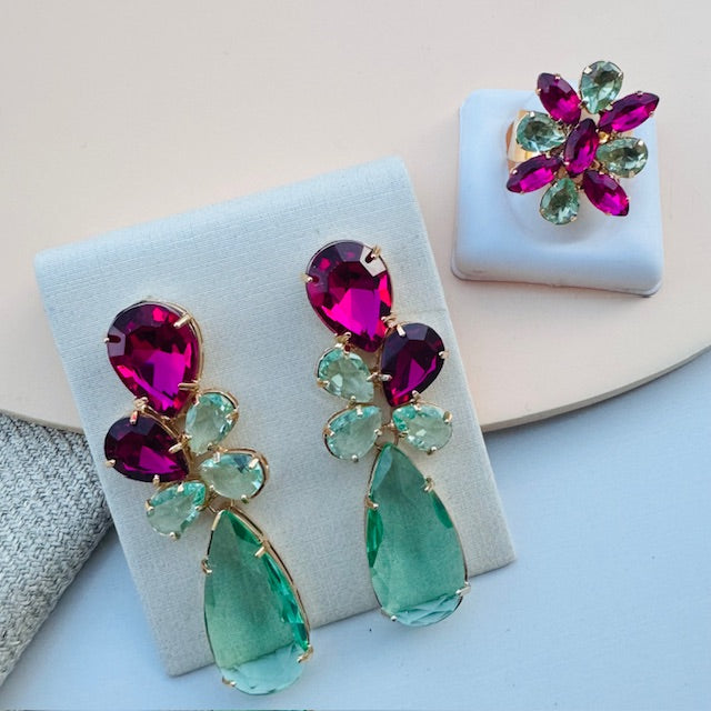Kit Anel Regulável e Brinco Isaura Menta com Rosa Pink