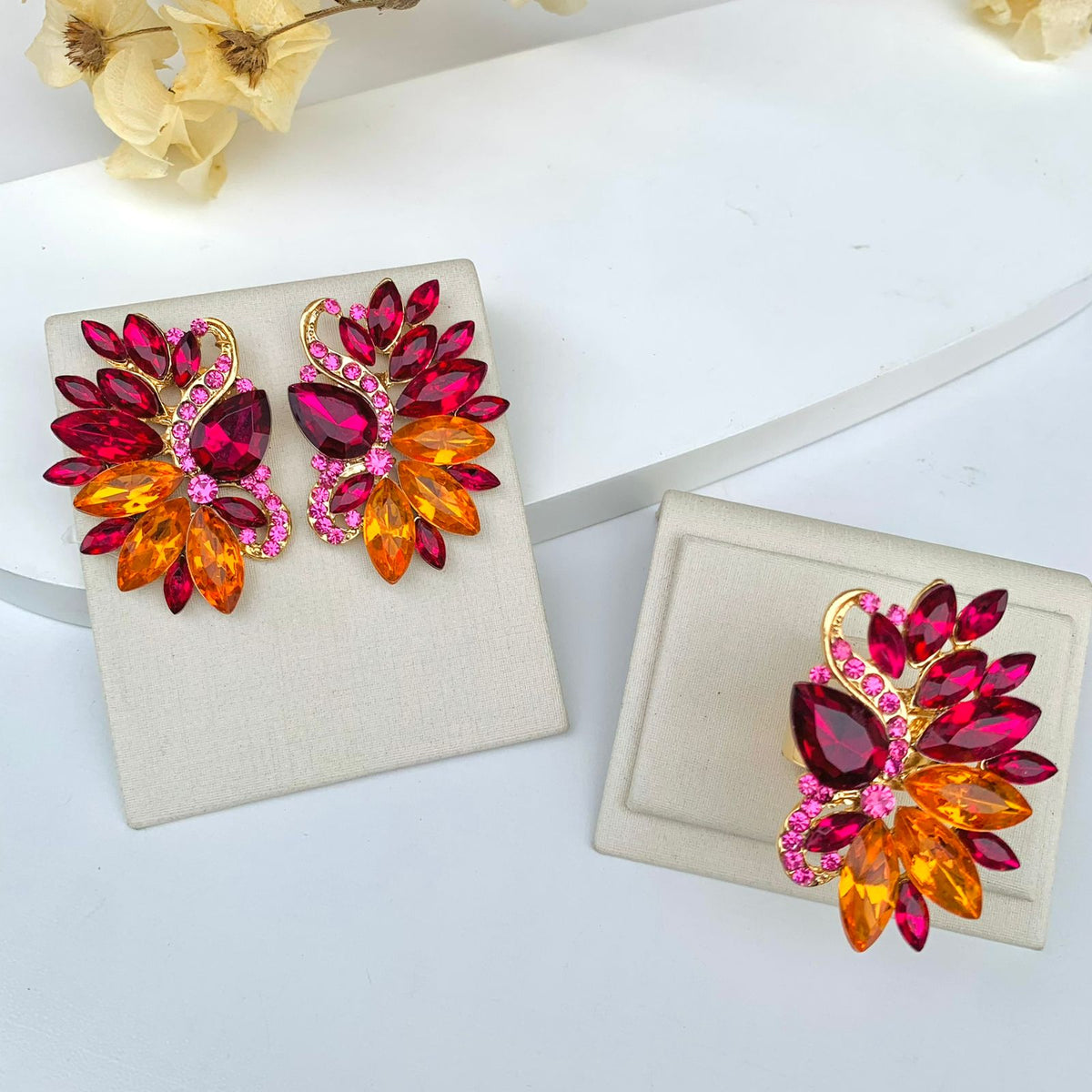 Kit Anel regulável e Brinco Mello Laranja Coral com Rosa Pink Banho Dourado
