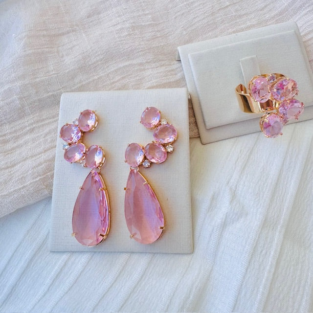 Kit Anel Regulável e Brinco lua de Zircônia Rosa
