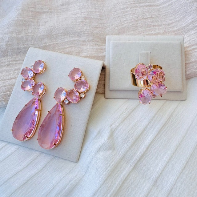 Kit Anel Regulável e Brinco lua de Zircônia Rosa