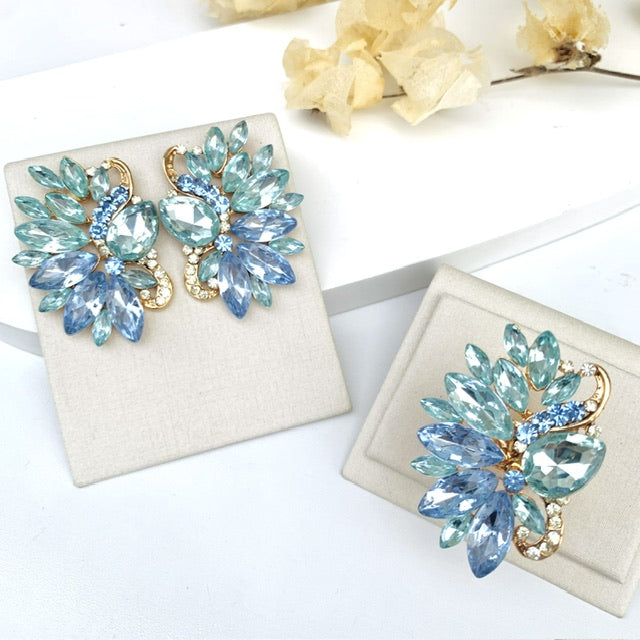 Kit Anel Regulável e Brinco Mello Tons de Azul Serenety Dourado