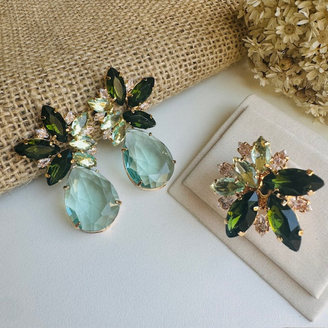Kit Anel Regulável e Brinco Vanessa Verde Menta com Verde Oliva Dourado