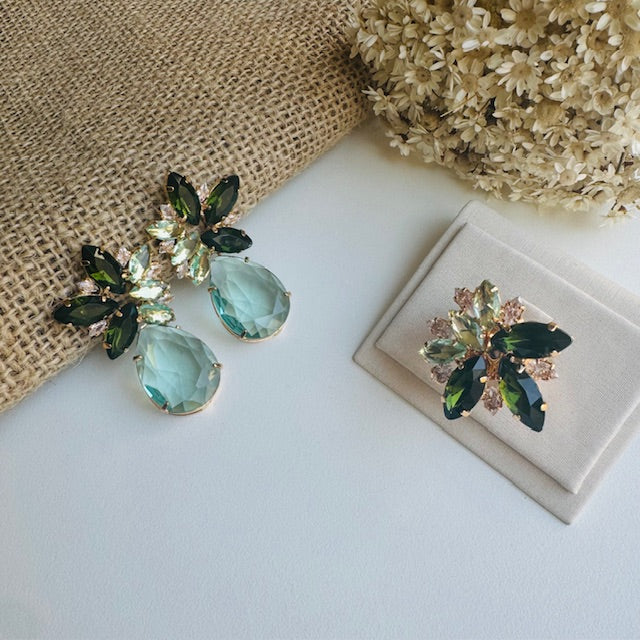Kit Anel Regulável e Brinco Vanessa Verde Menta com Verde Oliva Dourado